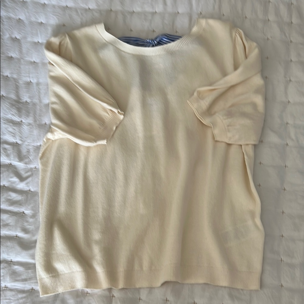 J Crew Factory Chic Cream Top with Blue Bow Accent Size Large